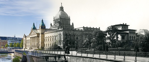 Aktuelles Foto des Gebäudes als Bildretusche mit historischem Foto gemischt