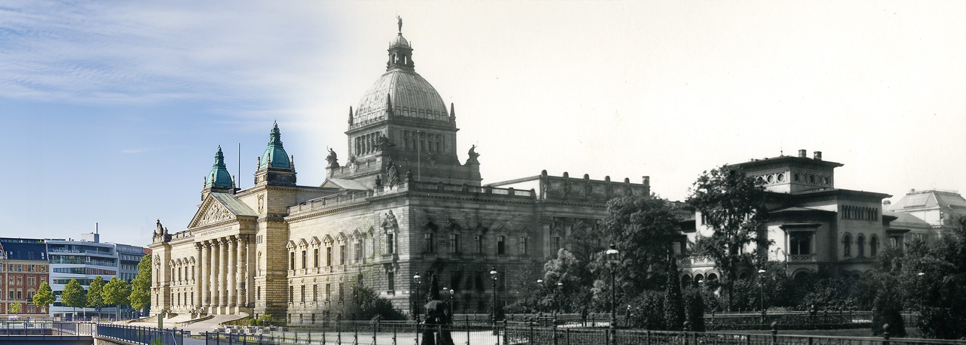 Aktuelles Foto des Gebäudes als Bildretusche mit historischem Foto gemischt